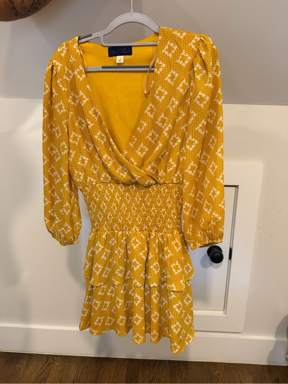 Blue Rain Yellow Printed Surplice Mini Dress